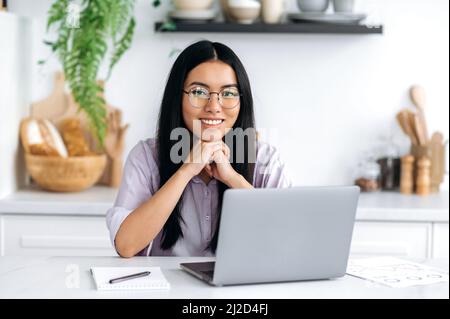 Bella, positiva ragazza bruna asiatica intelligente con occhiali, designer, freelancer o studente, si siede a casa in cucina con un computer portatile per il lavoro remoto o lo studio, guardando la macchina fotografica, sorridente amichevole Foto Stock