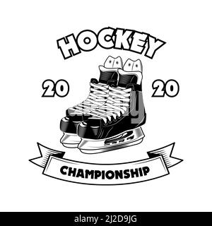 Illustrazione vettoriale del simbolo del campionato di hockey. Pattini da ghiaccio e testo su nastro. Concetto di scuola sportiva per emblemi ed etichette Illustrazione Vettoriale