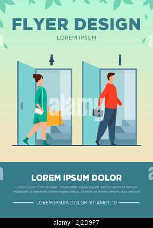 Uomo e donna che camminano attraverso le porte per maschi e femmine. wc pubblico, WC piatto illustrazione vettoriale. Bagno, concetto di segregazione per bann Illustrazione Vettoriale