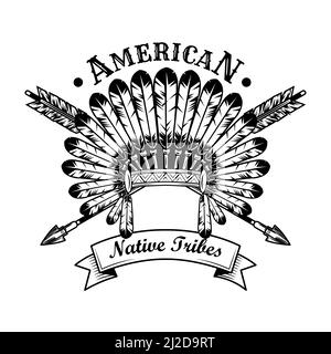 Illustrazione vettoriale degli accessori della tribù dei nativi americani. Headdress della piuma, frecce incrociate, testo. Nativi americani e Red Indian concetto per emblemi o. Illustrazione Vettoriale