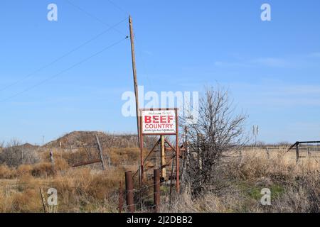 Cartello "Welcome to Beef Country" lungo una strada rurale del Texas a circa 12 km a ovest di Archer City, Texas Foto Stock