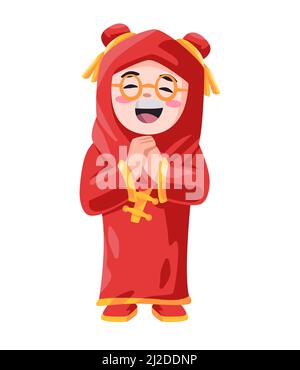 Bambina bambini che indossano il costume cinese tradizionale in rosso e oro saluti benvenuto festa con sorriso felice Illustrazione Vettoriale