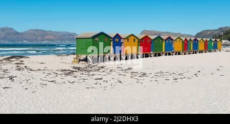 Panorama di colorate cabine in legno spiaggia di Muizenberg vicino a Città del Capo, provincia occidentale del Capo, Sudafrica. Foto Stock