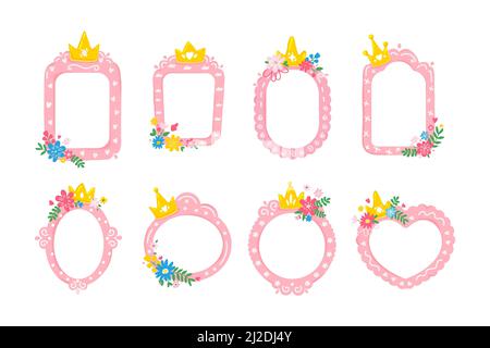 Rosa princess frames.Set di cornice rosa con corona d'oro, flowers.Cartoon stile Illustrazione Vettoriale