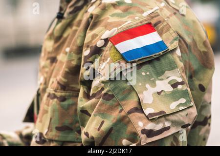 Bandiera dei Paesi Bassi e dell'esercito reale dei Paesi Bassi su un'uniforme soldato, unità di integrazione della forza NATO, primo piano Foto Stock