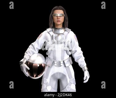 3D Render of computer generated astronaut avatar wearing VR glasses in metaverse virtual world Foto Stock