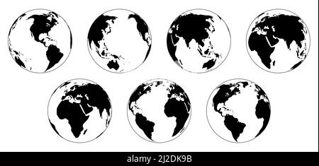 Collezione di cartelli con globo terrestre con varie posizioni. Set di diverse viste geografiche del mondo in silhouette Illustrazione Vettoriale