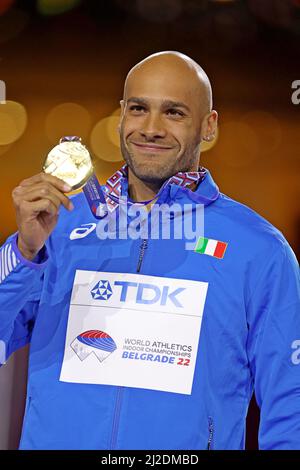 Lamont Marcell Jacobs (ITA) si pone con medaglia d'oro dopo aver vinto il 60m nel 6,41 durante il World Athletics Indoor Championships, Sabato, 19 marzo 20 Foto Stock