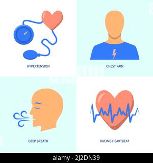 Icona di problemi cardiaci e ipertensione impostata in stile piatto. Pressione alta, dolore toracico e simboli di battito cardiaco da corsa. Illustrazione vettoriale. Illustrazione Vettoriale