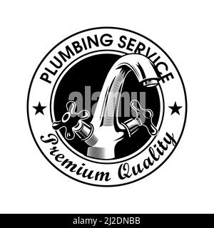 Plumbing service stamp vector illustration. Faucet and premium quality text with stars. Plumbing concept for emblems and labels templates Stock Vector