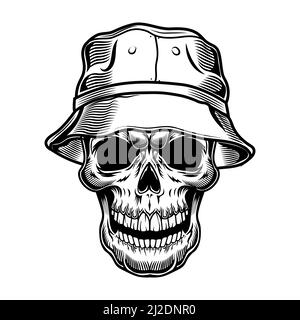 Retro skull in panama vector illustration. Black dead head of tourist in hat. Hawaii and tropical vacation concept can be used for retro template, ban Stock Vector