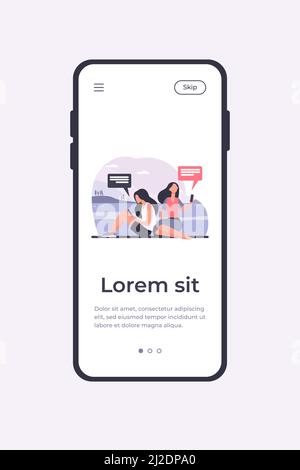 Due donne che si rilassano sulla natura e utilizzano gli smartphone. Natura, social media, messaggio flat vettore illustrazione. Tecnologia digitale e concetto di stile di vita f Illustrazione Vettoriale