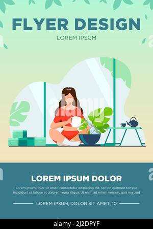 Donna seduta sul pavimento e annaffiatoio. Illustrazione vettoriale della casa, dell'acqua, della foglia piatta. Hobby e casa giardino concetto per banner, sito web o la Illustrazione Vettoriale