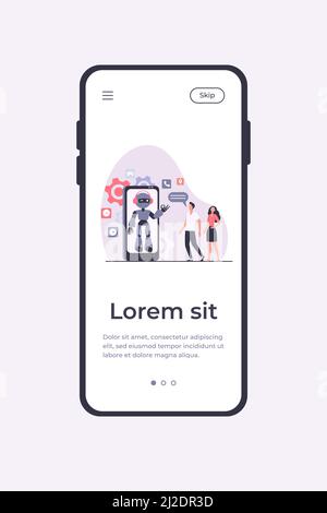 Giovane coppia che parla con l'assistente robotico sullo schermo dello smartphone. Chatbot aiuta i clienti a risolvere i loro problemi. Illustrazione vettoriale per il cliente sup Illustrazione Vettoriale