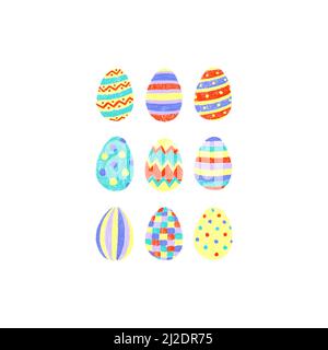 Illustrazione vettoriale disegnata a mano di uovo di pasqua multicolore carino. Isolato su bianco. Le uova si impostano con texture differente. Foto Stock