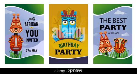 Set di carte di invito per le feste africane. Maschere tribali etniche, illustrazioni vettoriali totem tradizionali con testo. Design creativo per poster di annunci An Illustrazione Vettoriale