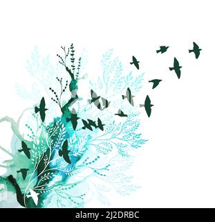 Un gregge di uccelli vola via. Ramo astratto dell'acquerello. , Isolato su sfondo bianco illustrazione vettoriale Illustrazione Vettoriale