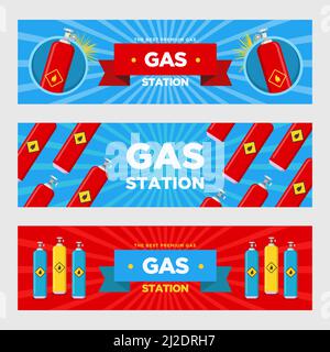 Set di striscioni per stazioni di servizio. Cilindri e palloncini con illustrazioni vettoriali di segni infiammabili con testo pubblicitario. Modelli per i volantini della stazione di rifornimento o Illustrazione Vettoriale