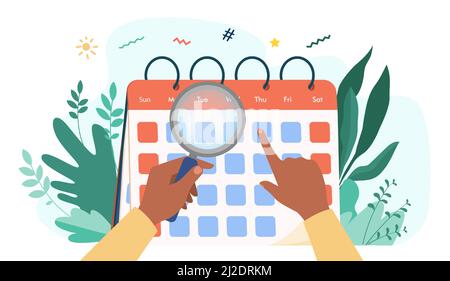 Mani con calendario di controllo lente di ingrandimento. Lente di ingrandimento, data, day flat vettoriale. Tempo e concetto di pianificazione per banner, sito web o Illustrazione Vettoriale