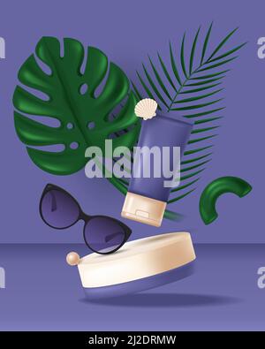 Prodotto cosmetico estivo sul podio, foglia tropicale, conchiglia. Illustrazione realistica di Vector 3D in colori trendy Illustrazione Vettoriale