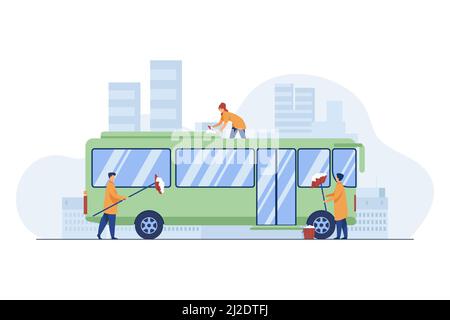 Pulizia dei lavoratori e bus di lavaggio. Veicolo, detergente, illustrazione vettoriale piano di lavoro. Concetto di servizio e di trasporto pubblico per banner, sito web design o Illustrazione Vettoriale