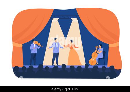 Cantanti d'opera che suonano sul palco con musicisti. Gli artisti del teatro indossano costumi, si levano sotto i riflettori e cantano davanti al pubblico. Cartoo piatto Illustrazione Vettoriale