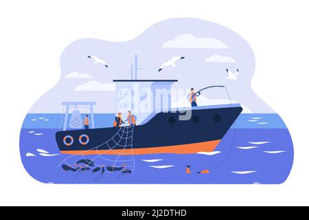 I pescatori professionisti che lavorano in imbarcazioni isolate e piatte illustrazione vettoriale. Pescatori di cartoni animati che catturano il pesce e utilizzano la rete in nave. Pesca commerciale in Illustrazione Vettoriale