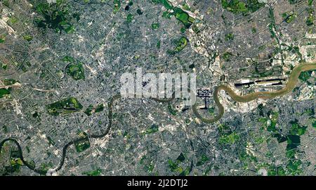 Vista dall'alto di Londra, la capitale, mappa di Londra, vista aerea di Hyde Park, Buckingham Palace, Tamigi. Elementi di questa immagine forniti dalla NASA Foto Stock