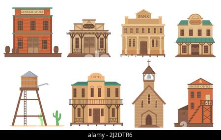 Varietà di vecchie case per la città occidentale set di articoli piatti. Cartoon tradizionale wild West edifici in legno isolato vettore illustrazione raccolta. Architettura Illustrazione Vettoriale