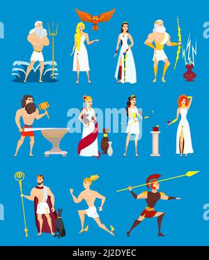 Set degli dei greci di Cartoon. Antichi eroi olimpici isolati su sfondo blu. Poseidone, Zeus, Efesto, Ares, Hermes, Athene, Afrodite, Ade, Demet Illustrazione Vettoriale