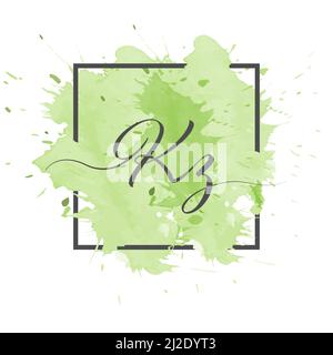 Le lettere minuscole K e Z calligrafiche sono scritte in una linea continua su uno sfondo colorato in un riquadro. Illustrazione Vettoriale