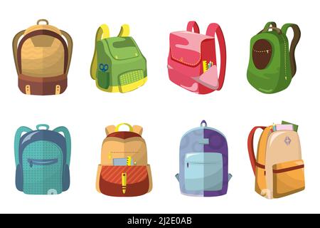 Set di borse colorate per la scuola. Zaini per bambini con articoli da scuola in tasche aperte, borse per bambini. Illustrazione vettoriale per il ritorno a scuola, l'istruzione, Illustrazione Vettoriale