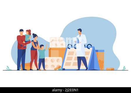 Medico che prescrive la droga alla famiglia felice. Pediatra, genitori, bambini flat vettore illustrazione. Farmacia, esame, trattamento concetto per banner, noi Illustrazione Vettoriale