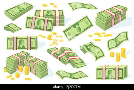 Bollette e monete in dollari. Pile di contanti, pile di banconote di carta verde isolate su bianco. Illustrazione vettoriale per soldi, banche, finanza, risparmio, Illustrazione Vettoriale