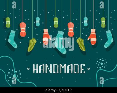Copri con abiti caldi fatti a mano. Mittens appesi, calze, illustrazioni vettoriali di filato con testo su sfondo scuro. Concetto di moda e hobby per Illustrazione Vettoriale