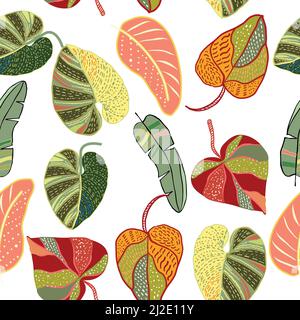 Motivo decorativo tropicale senza giunture con foglie luminose di palma e monstera. Sfondo chiaro botanica, carta da parati giungla. Illustrazione Vettoriale