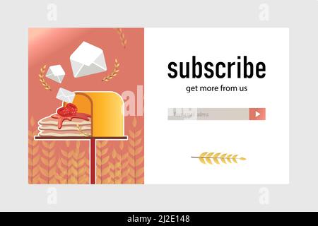 Design dell'abbonamento e-mail per il negozio di prodotti da forno. Modello di newsletter online con deliziosi frittelle nella casella postale. Concetto di pasticceria e pasticceria. Progettazione per Illustrazione Vettoriale