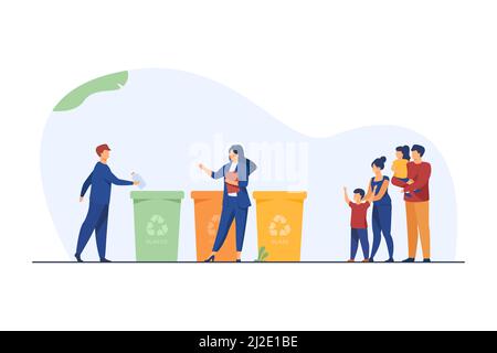 Famiglia con bambini che guardano la raccolta dei rifiuti. Plastica, ecologia, trash flat vettore illustrazione. Ambiente e riciclaggio concetto per banner, sito web des Illustrazione Vettoriale
