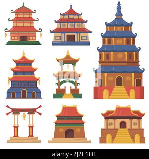 Cultura Cina edifici tradizionali set piatto per il web design. Cartoon palazzi e templi giapponesi, cinesi o coreani isolato vettore illustrazione col Illustrazione Vettoriale