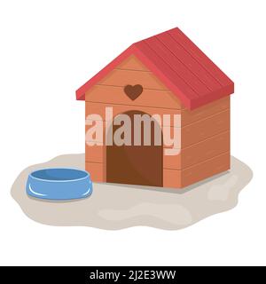 Doghouse e Bowl per cibo secco e acqua per cani e gatti Vector illustrazione isolata. Illustrazione Vettoriale