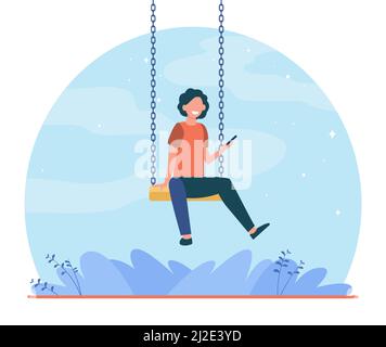 Felice bambino seduto su swing e tenendo il telefono. Ragazzo, smartphone, gioco flat vettoriale illustrazione. Concetto di infanzia e intrattenimento per banner, sito web Illustrazione Vettoriale