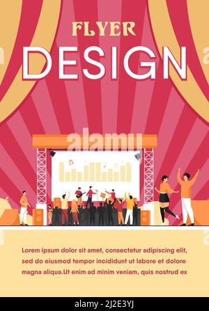 Felice gente che si diverte a rock concerto flat vettore illustrazione. Open festival all'aria aperta. Musicisti che suonano musica al parco. Stile di vita, musica e it Illustrazione Vettoriale