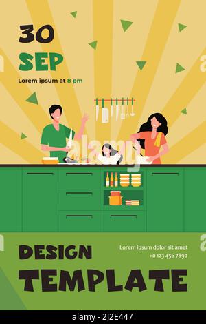 Felice madre, padre e figlia che cucinano insieme isolato piatto vettore illustrazione. Famiglia Cartoon preparare il cibo in cucina. Felicità e cibo cul Illustrazione Vettoriale