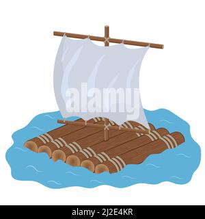 zattera di legno con vela, disegno vettoriale isolato a colori in stile cartoon. Illustrazione Vettoriale