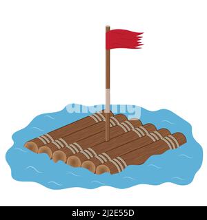 zattera di legno con bandiera, disegno vettoriale isolato a colori in stile cartoon. Illustrazione Vettoriale