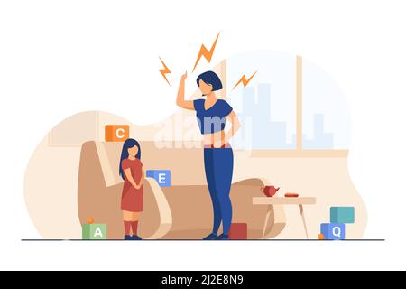 Madre scolding piccola figlia. Mamma che grida al bambino, giocattoli, illustrazione vettoriale piatta casa. Problema in famiglia, infanzia, abuso concetto per banner, web Illustrazione Vettoriale