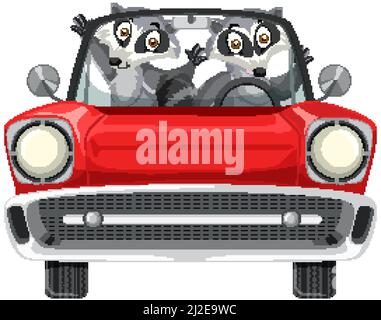Raccoon in auto rossa classica su sfondo bianco illustrazione Illustrazione Vettoriale