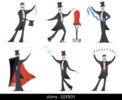 Mago elegante che mostra acrobazie magiche set piatto per il web design. Fumetto illusionista in cilindro cappello e mantello isolato vettore illustrazione raccolta. Illustrazione Vettoriale