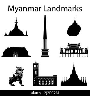 myanmar top famosi punti di riferimento silhouette stile, viaggi e turismo, illustrazione vettoriale Illustrazione Vettoriale