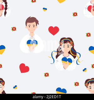 Modello senza giunture patriottico ucraino. Carino ragazzo e ragazza ucraino in abiti tradizionali ricamati in corona floreale con nastri con lui giallo-blu Illustrazione Vettoriale